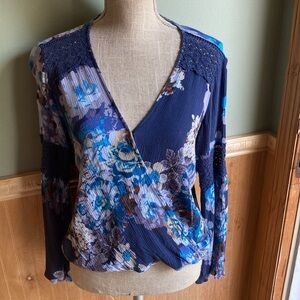 Lovestitch blue floral drape-front blouse